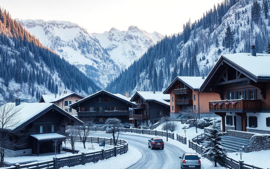 Alpine mountain village with wooden chalets under fresh snow