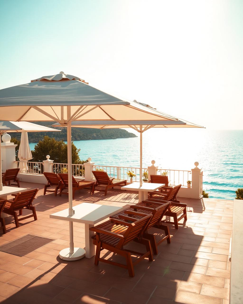 Sunlit coastal Mediterranean hotel terrace with white parasols overlooking the sea