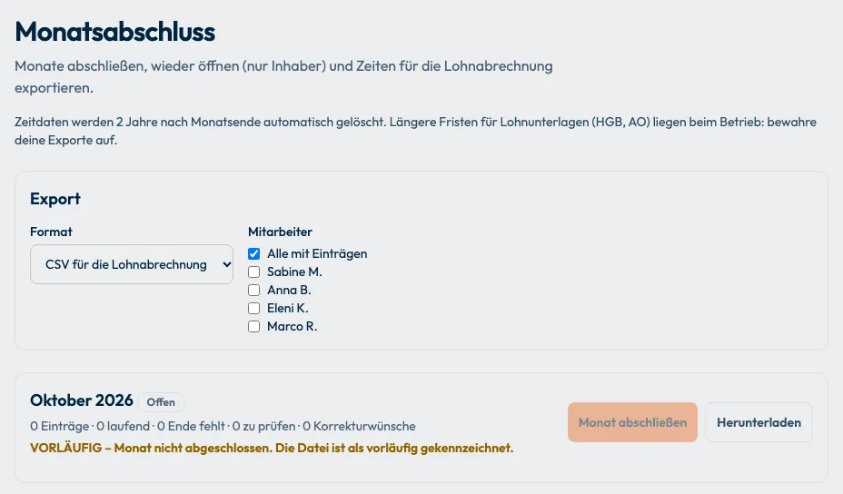 Bildschirmfoto von enoono: Monatsabschluss und Export für die Lohnabrechnung